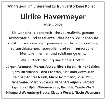 Traueranzeige von Ulrike Havermeyer von Neue Osnabrücker Zeitung GmbH & Co. KG