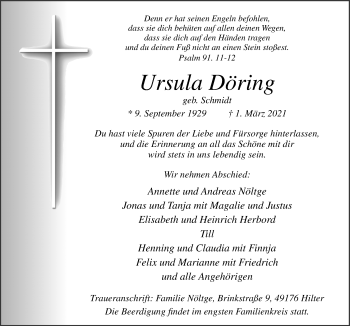 Traueranzeige von Ursula Döring von Neue Osnabrücker Zeitung GmbH & Co. KG