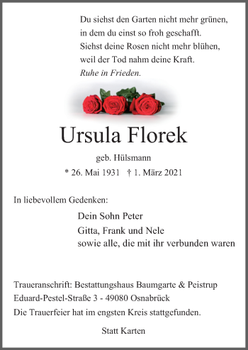 Traueranzeige von Ursula Florek von Neue Osnabrücker Zeitung GmbH & Co. KG