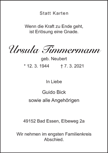 Traueranzeige von Ursula Timmermann von Neue Osnabrücker Zeitung GmbH & Co. KG
