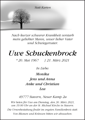 Traueranzeige von Uwe Schuckenbrock von Neue Osnabrücker Zeitung GmbH & Co. KG