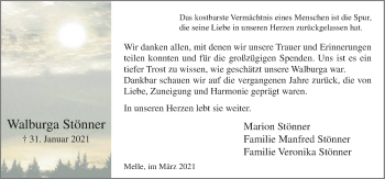 Traueranzeige von Walburga Stönner von Neue Osnabrücker Zeitung GmbH & Co. KG