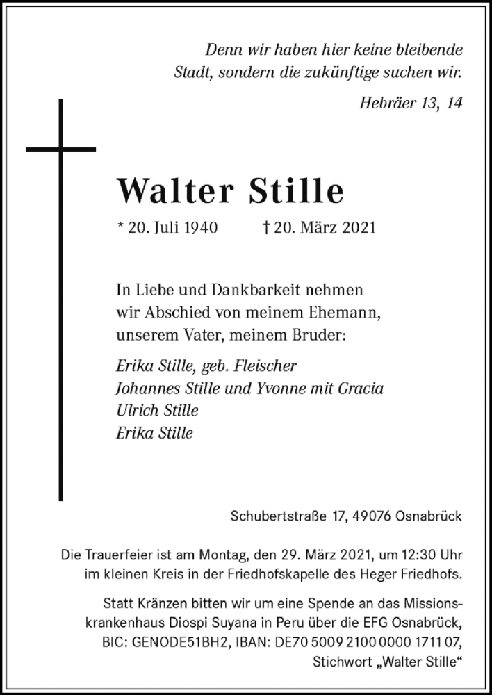  Traueranzeige für Walter Stille vom 27.03.2021 aus Neue Osnabrücker Zeitung GmbH & Co. KG