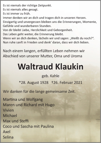 Traueranzeige von Waltraud Klaukin von Neue Osnabrücker Zeitung GmbH & Co. KG