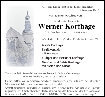 Traueranzeige von Werner Korfhage von Neue Osnabrücker Zeitung GmbH & Co. KG