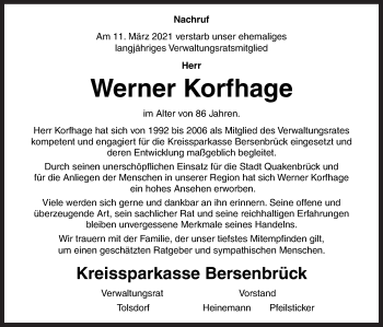 Traueranzeige von Werner Korfhage von Neue Osnabrücker Zeitung GmbH & Co. KG