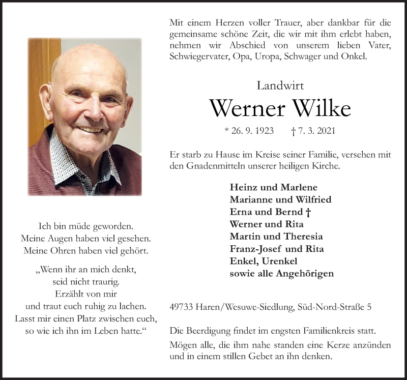  Traueranzeige für Werner Wilke vom 09.03.2021 aus Neue Osnabrücker Zeitung GmbH & Co. KG