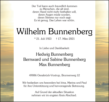 Traueranzeige von Wilhelm Bunnenberg von Neue Osnabrücker Zeitung GmbH & Co. KG