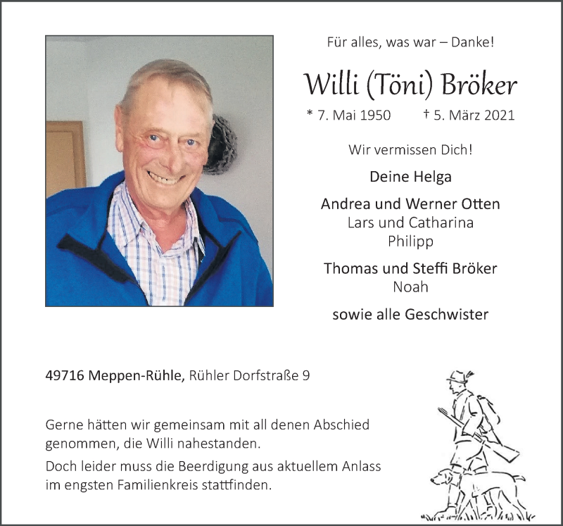 Traueranzeige für Willi Bröker vom 08.03.2021 aus Neue Osnabrücker Zeitung GmbH & Co. KG