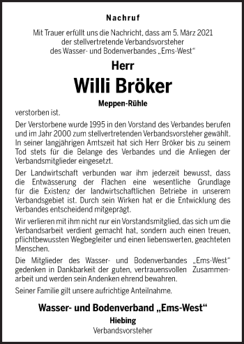Traueranzeige von Willi Bröker von Neue Osnabrücker Zeitung GmbH & Co. KG