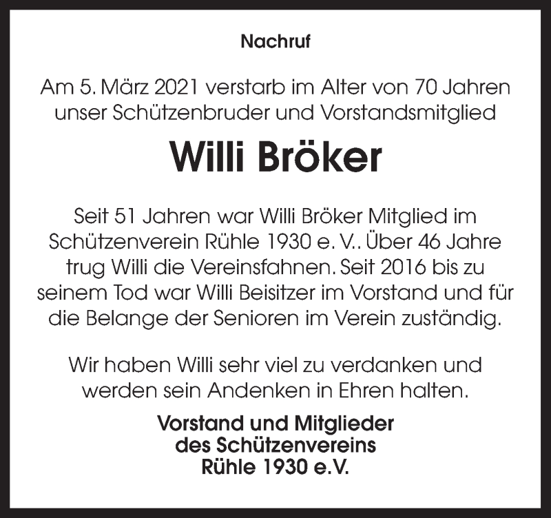  Traueranzeige für Willi Bröker vom 11.03.2021 aus Neue Osnabrücker Zeitung GmbH & Co. KG