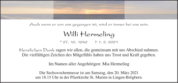 Traueranzeige von Willi Hermeling von Neue Osnabrücker Zeitung GmbH & Co. KG