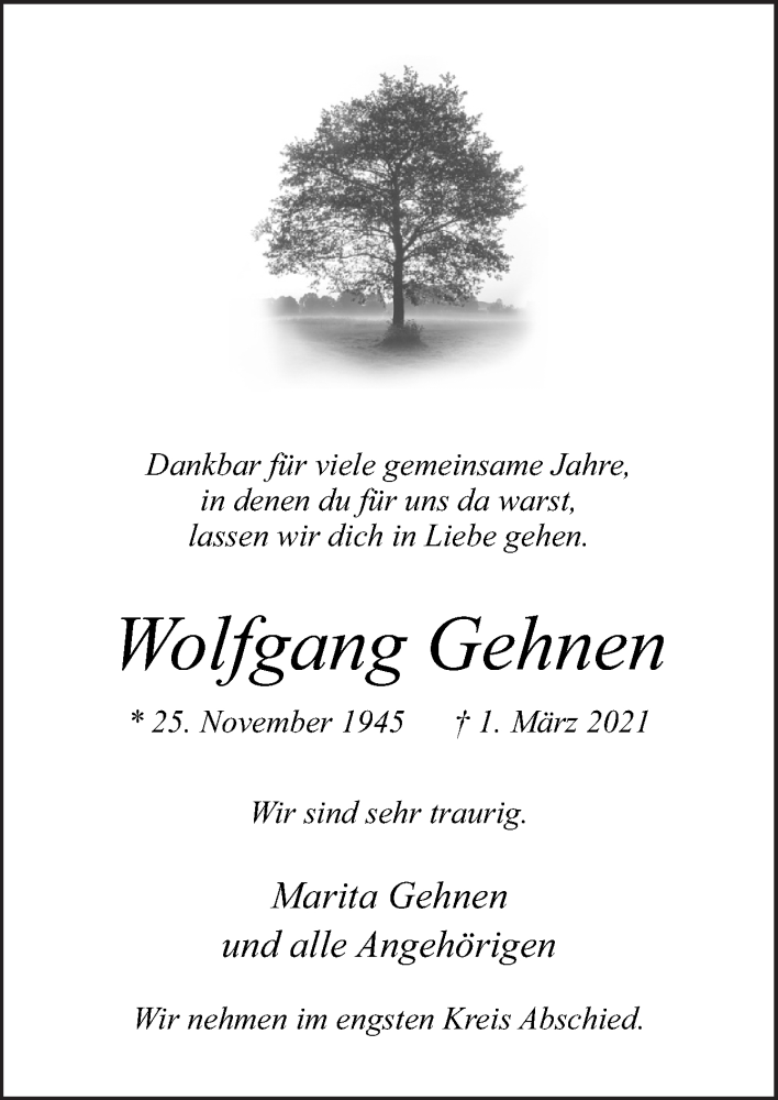  Traueranzeige für Wolfgang Gehnen vom 06.03.2021 aus Neue Osnabrücker Zeitung GmbH & Co. KG