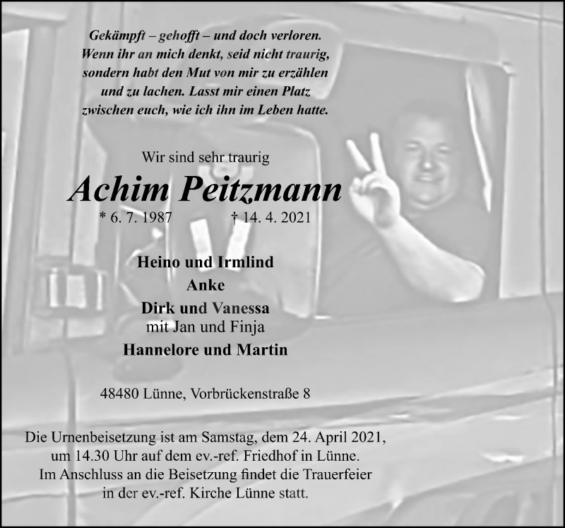  Traueranzeige für Achim Peitzmann vom 19.04.2021 aus Neue Osnabrücker Zeitung GmbH & Co. KG