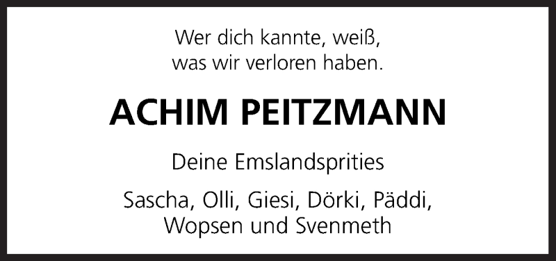  Traueranzeige für Achim Peitzmann vom 24.04.2021 aus Neue Osnabrücker Zeitung GmbH & Co. KG