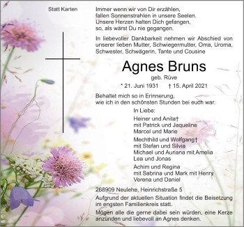 Traueranzeige von Agnes Bruns von Neue Osnabrücker Zeitung GmbH & Co. KG