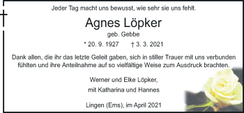 Traueranzeige von Agnes Löpker von Neue Osnabrücker Zeitung GmbH & Co. KG