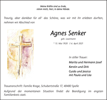 Traueranzeige von Agnes Senker von Neue Osnabrücker Zeitung GmbH & Co. KG