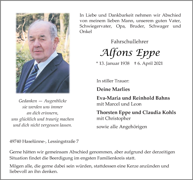  Traueranzeige für Alfons Eppe vom 08.04.2021 aus Neue Osnabrücker Zeitung GmbH & Co. KG