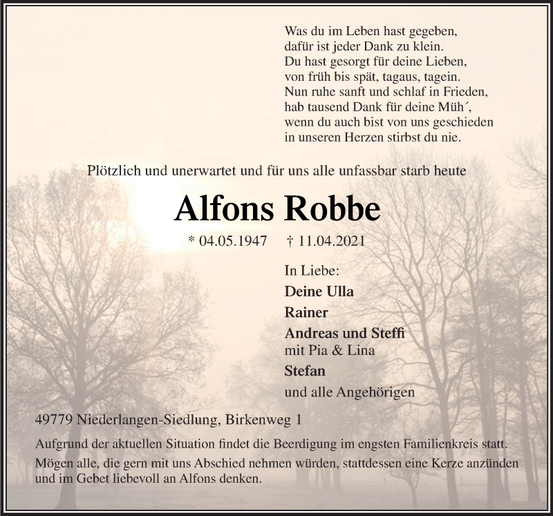  Traueranzeige für Alfons Robbe vom 14.04.2021 aus Neue Osnabrücker Zeitung GmbH & Co. KG