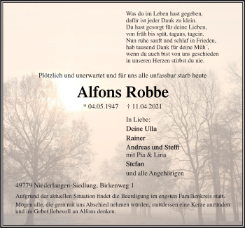 Traueranzeige von Alfons Robbe von Neue Osnabrücker Zeitung GmbH & Co. KG