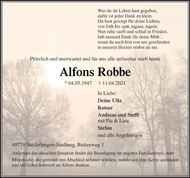 Traueranzeige für Alfons Robbe vom 15.04.2021 aus Neue Osnabrücker Zeitung GmbH & Co. KG