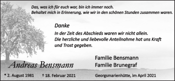 Traueranzeige von Andreas Bensmann von Neue Osnabrücker Zeitung GmbH & Co. KG