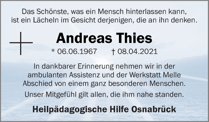  Traueranzeige für Andreas Thies vom 24.04.2021 aus Neue Osnabrücker Zeitung GmbH & Co. KG