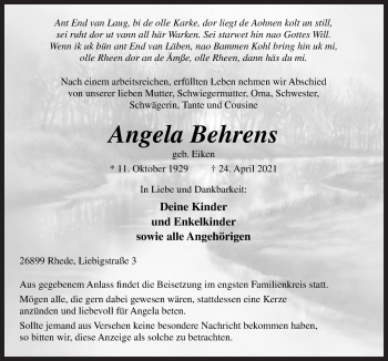 Traueranzeige von Angela Behrens von Neue Osnabrücker Zeitung GmbH & Co. KG