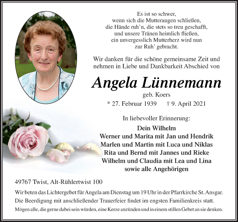  Traueranzeige für Angela Lünnemann vom 12.04.2021 aus Neue Osnabrücker Zeitung GmbH & Co. KG