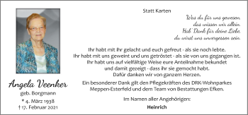 Traueranzeige von Angela Veenker von Neue Osnabrücker Zeitung GmbH & Co. KG