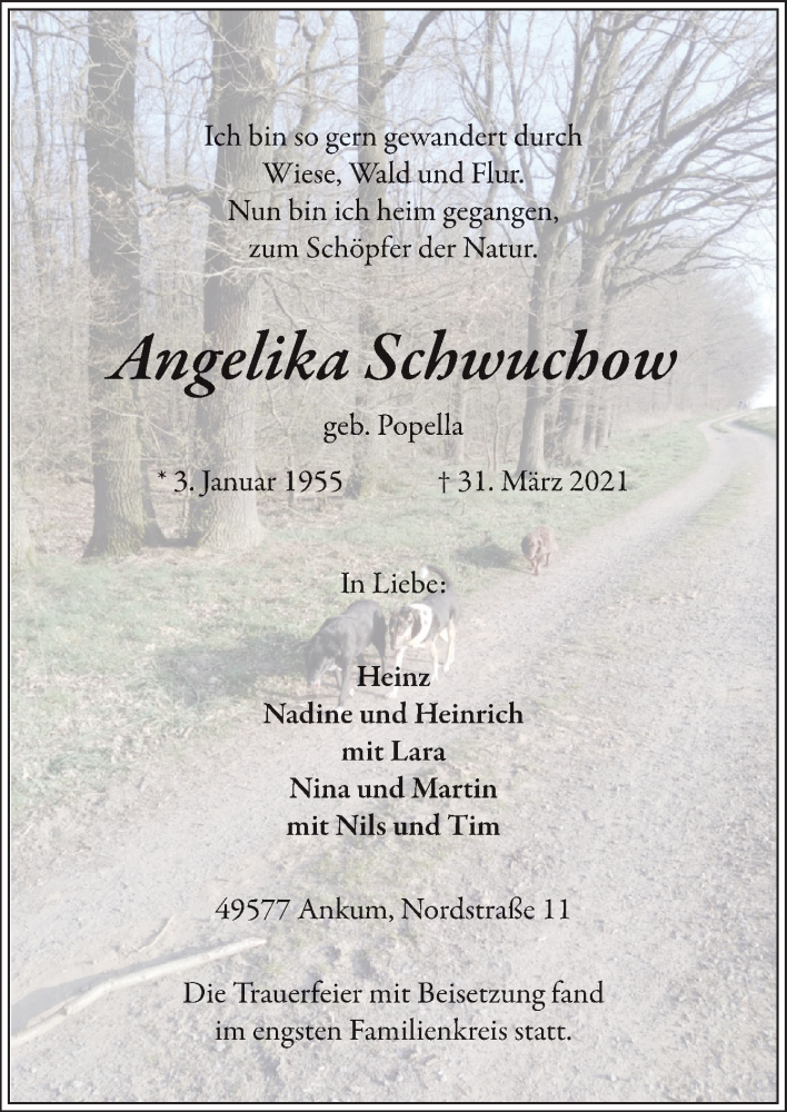  Traueranzeige für Angelika Schwuchow vom 07.04.2021 aus Neue Osnabrücker Zeitung GmbH & Co. KG