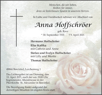 Traueranzeige von Anna Hoffschröer von Neue Osnabrücker Zeitung GmbH & Co. KG