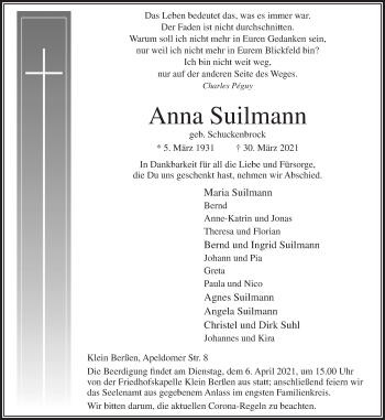 Traueranzeige von Anna Suilmann von Neue Osnabrücker Zeitung GmbH & Co. KG