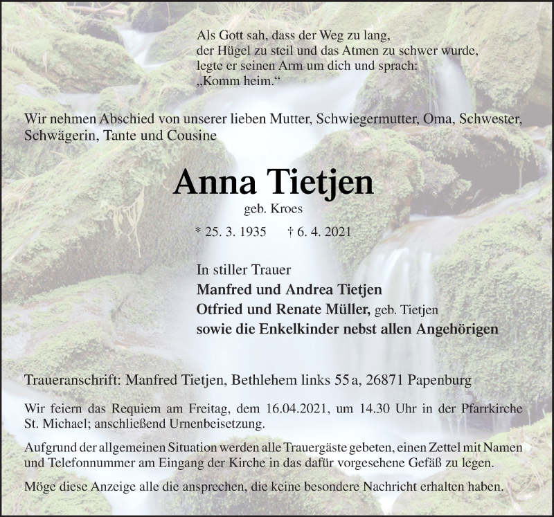  Traueranzeige für Anna Tietjen vom 10.04.2021 aus Neue Osnabrücker Zeitung GmbH & Co. KG