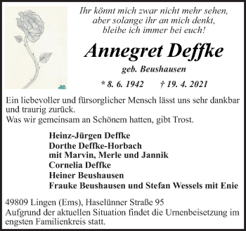 Traueranzeige von Annegret Deffke von Neue Osnabrücker Zeitung GmbH & Co. KG