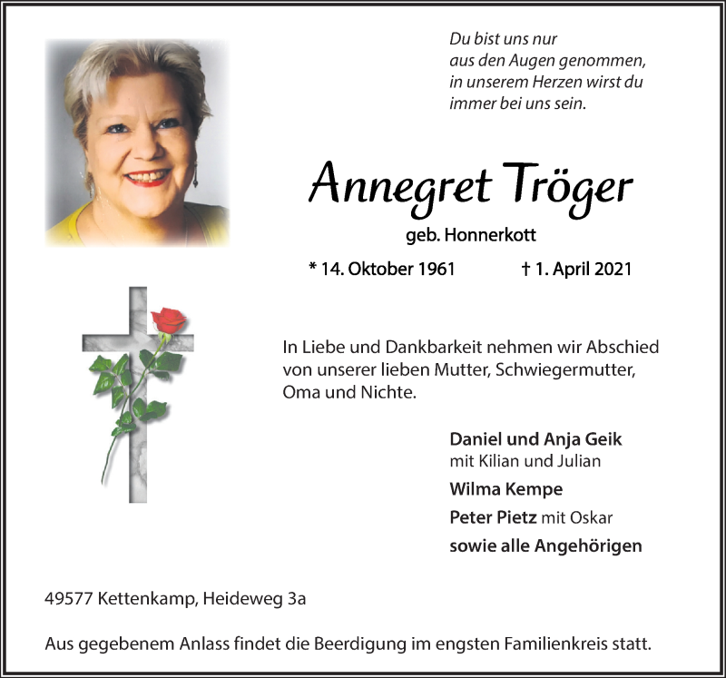  Traueranzeige für Annegret Tröger vom 08.04.2021 aus Neue Osnabrücker Zeitung GmbH & Co. KG