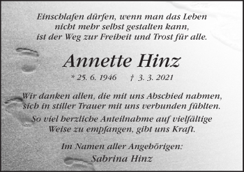 Traueranzeige von Annette Hinz von Neue Osnabrücker Zeitung GmbH & Co. KG