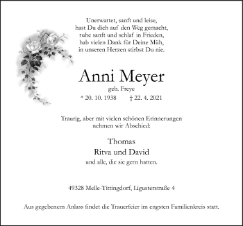 Traueranzeige von Anni Meyer von Neue Osnabrücker Zeitung GmbH & Co. KG