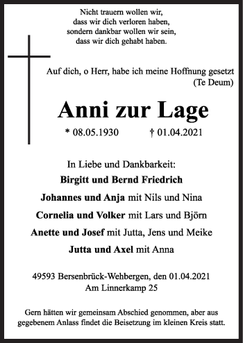 Traueranzeige von Anni zur Lage von Neue Osnabrücker Zeitung GmbH & Co. KG