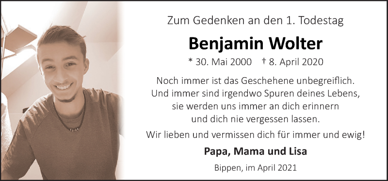  Traueranzeige für Benjamin Renato Wolter vom 08.04.2021 aus Neue Osnabrücker Zeitung GmbH & Co. KG