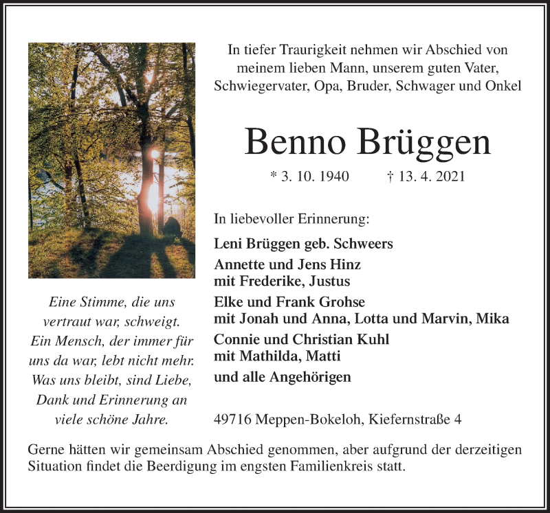  Traueranzeige für Benno Brüggen vom 16.04.2021 aus Neue Osnabrücker Zeitung GmbH & Co. KG