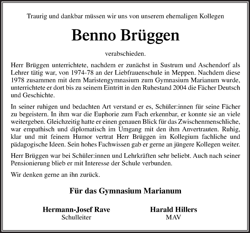  Traueranzeige für Benno Brüggen vom 19.04.2021 aus Neue Osnabrücker Zeitung GmbH & Co. KG