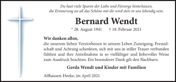 Traueranzeige von Bernard Wendt von Neue Osnabrücker Zeitung GmbH & Co. KG