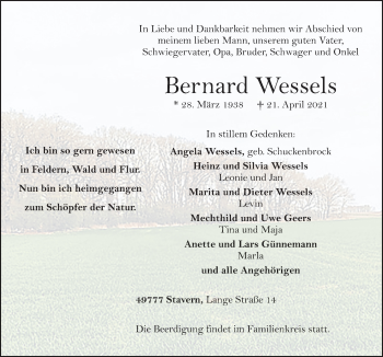 Traueranzeige von Bernard Wessels von Neue Osnabrücker Zeitung GmbH & Co. KG