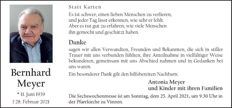  Traueranzeige für Bernhard Meyer vom 21.04.2021 aus Neue Osnabrücker Zeitung GmbH & Co. KG