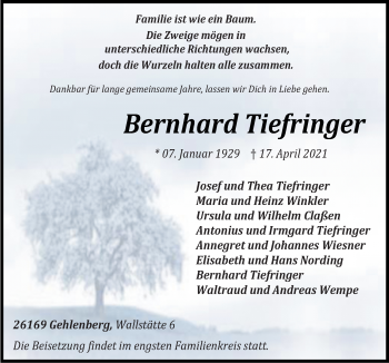 Traueranzeige von Bernhard Tiefringer von Neue Osnabrücker Zeitung GmbH & Co. KG