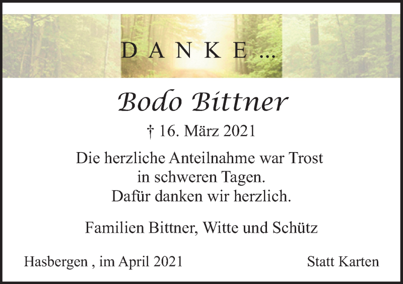  Traueranzeige für Bodo Bittner vom 24.04.2021 aus Neue Osnabrücker Zeitung GmbH & Co. KG