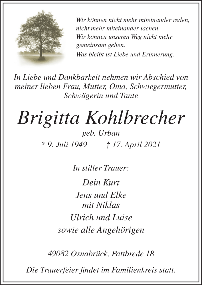 Traueranzeige für Brigitta Kohlbrecher vom 24.04.2021 aus Neue Osnabrücker Zeitung GmbH & Co. KG
