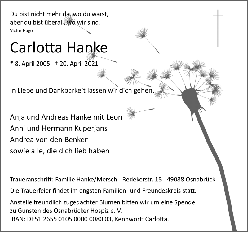 Traueranzeige für Carlotta Hanke vom 24.04.2021 aus Neue Osnabrücker Zeitung GmbH & Co. KG